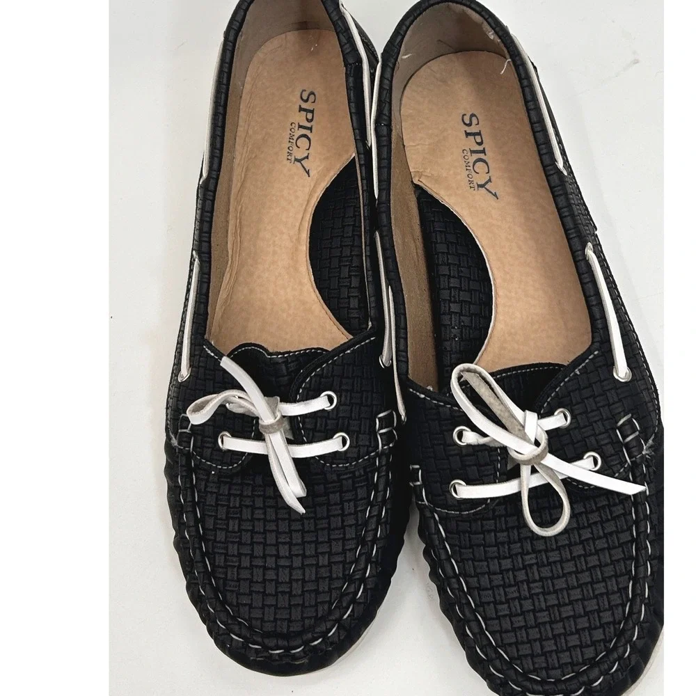 Spicy Comfort Womens Black Woven‎ Boat Shoes Lace Up Moccasin Flats Loafers 11
